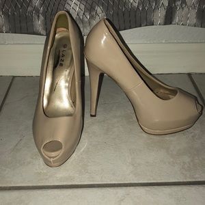 Beige platform peep toe heels